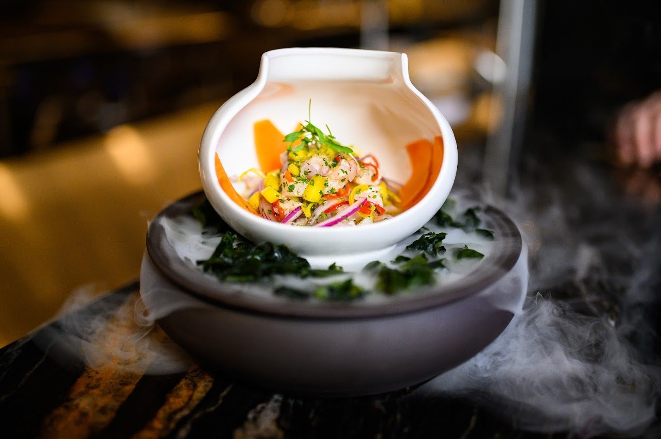 ceviche in a white bowl with dark background